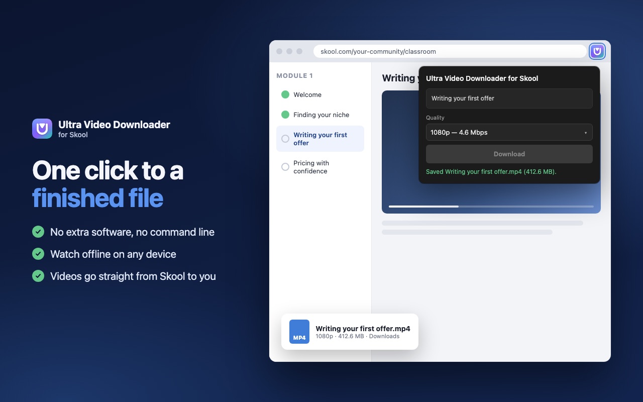 A Skool lesson downloaded as an MP4 file in the Downloads folder.